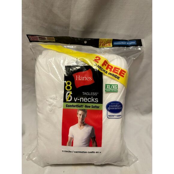 New 8 Hanes Mens White XL 46-48 Inch V-Neck T-Shirts Tagless ComfortSoft XG - Picture 1 of 4
